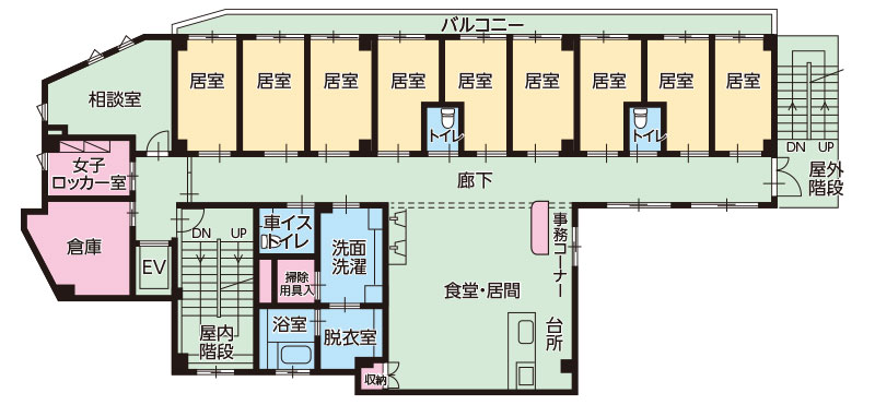 横浜市旭区のグループホーム エクセレント横濱上白根の基準階平面図（2F・3F）