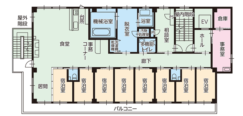 平塚市の看護小規模多機能型居宅介護 エクセレント湘南シーサイドの平面図（2F）